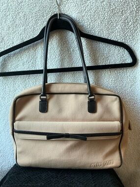 Miu Miu Beige Canvas Shoulder Bag with dark brown Trim and Bow
